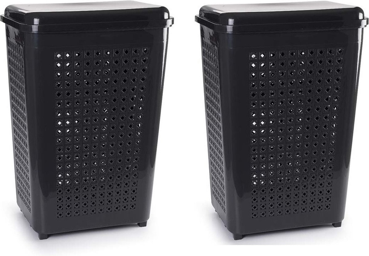 Goedkoopste Wasmand met deksel - 2x stuks - 50 liter - antraciet - kunststof - 41 x 31 x 61 cm - grote wasmanden