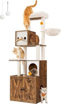 Arbre à chat, Arbre à chat avec bac à litière, 185 cm de haut, Arbre à chat, plateforme, kussen lavable, marron vintage