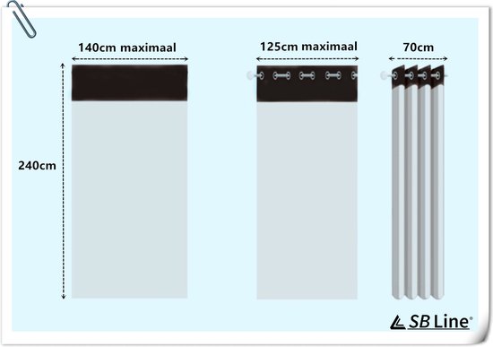 Afmetingen gordijnen: breedte 70cm, 125cm, 140cm en hoogte 240cm.