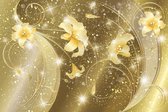 Fotobehang - Vlies Behang - Gouden Sprankelende Bloemen Kunst - 208 x 146 cm