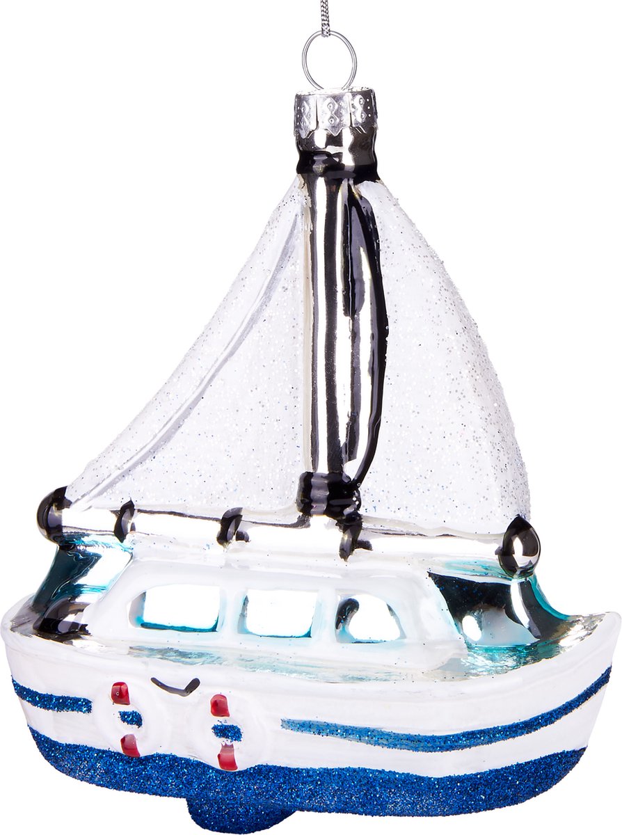 BRUBAKER Witte Zeilboot - Handgeschilderde Glazen Kerstbal - Handgeblazen Kerstversiering - Grappige Kersthanger - Kerstboom Decoratie - 12 cm