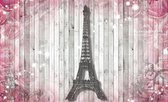 Fotobehang - Vlies Behang - Eiffeltoren op Houten Planken - 254 x 184 cm