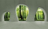 Fotobehang - Vlies Behang - 3D Bos met Zonnestralen door de Betonnen Ramen - 254 x 184 cm