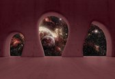 Fotobehang - Vlies Behang - 3D Planeten en Sterren door de Betonnen Ramen - Ruimte - Cosmos - Heelal - 312 x 219 cm