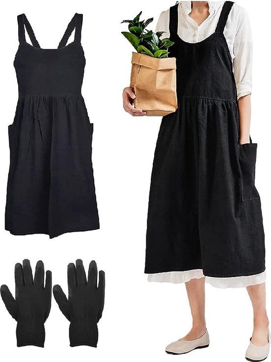 Tablier Tablier de cuisine en coton pour femme Tablier de cuisine noir Tablier en coton à l'entrejambe Tablier à bavette Tablier en coton de 87 cm de longueur Tablier avec poches Gants de jardinage pour l'artisanat de jardinage, noir