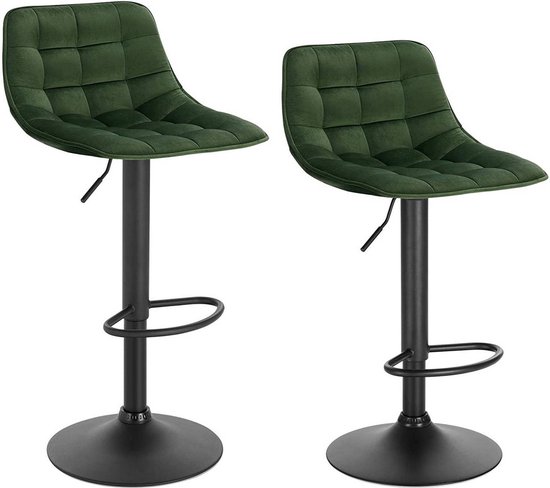 Tabourets de bar en velours Lozi - Hauteur réglable - Avec dossier - Set de 2 - Vert foncé - Chaises de bar ergonomiques - Cuisine et bar - Hauteur d'assise 59-81cm