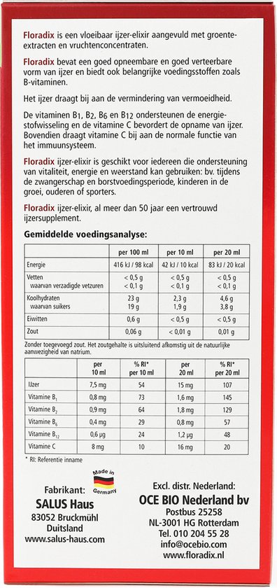 Salus Floradix IJzer-elixir - Mineralen - Bij vermoeidheid - Met ijzer en vitamine B12 - 500 ml - Salus