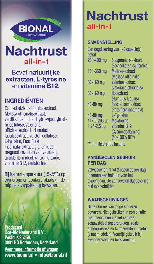 Bional Nachtrust all-in-1 - Supplement - Natuurlijk voedingssupplement - 20 capsules - Helpt in te slapen