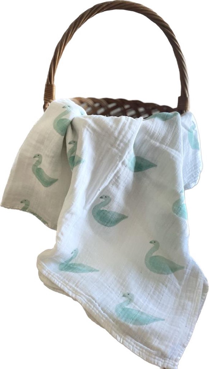Goedkoopste Hydrofiele doek 120x120cm-Bakerdoek-wikkeldoek-print zwaantje-lichtgroen