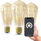 Calex Slimme Lamp - Set van 3 stuks - Wifi LED Filament Verlichting - E27 - Rustiek Smart Lichtbron Goud - Dimbaar - Warm Wit licht - 7W