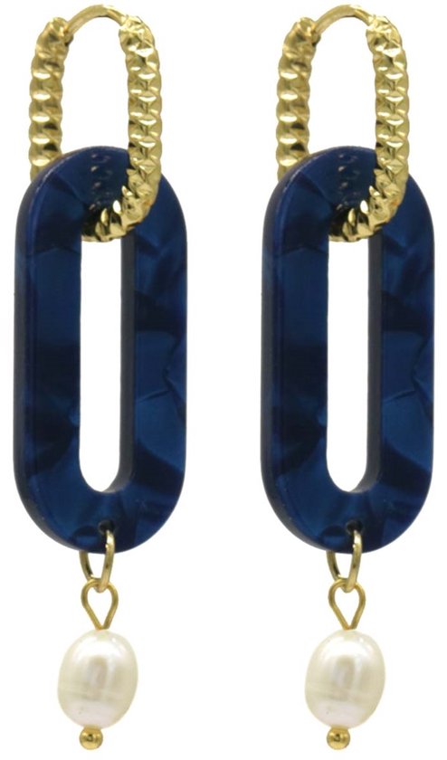 Oorbellen - Ovale Hanger - RVS - 5x1,4 cm - Blauw