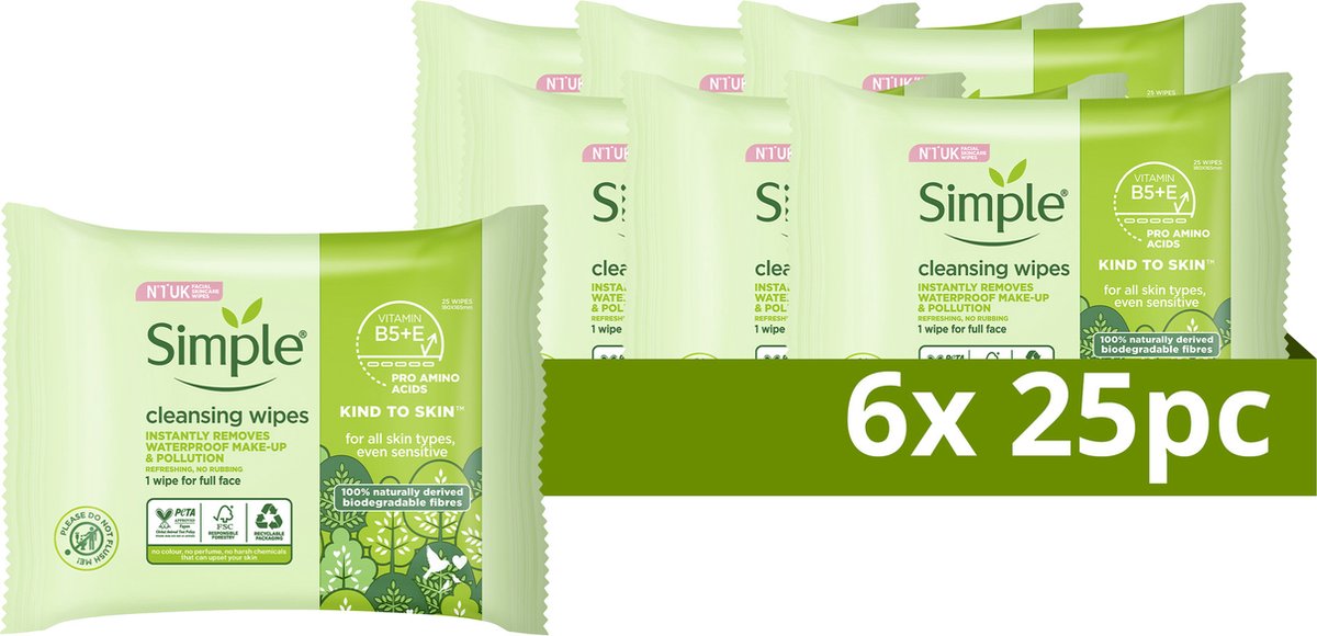 Simple Kind to Skin Gevoelige Huid Reinigingsdoekjes - 6 x 25 stuks - Voordeelverpakking