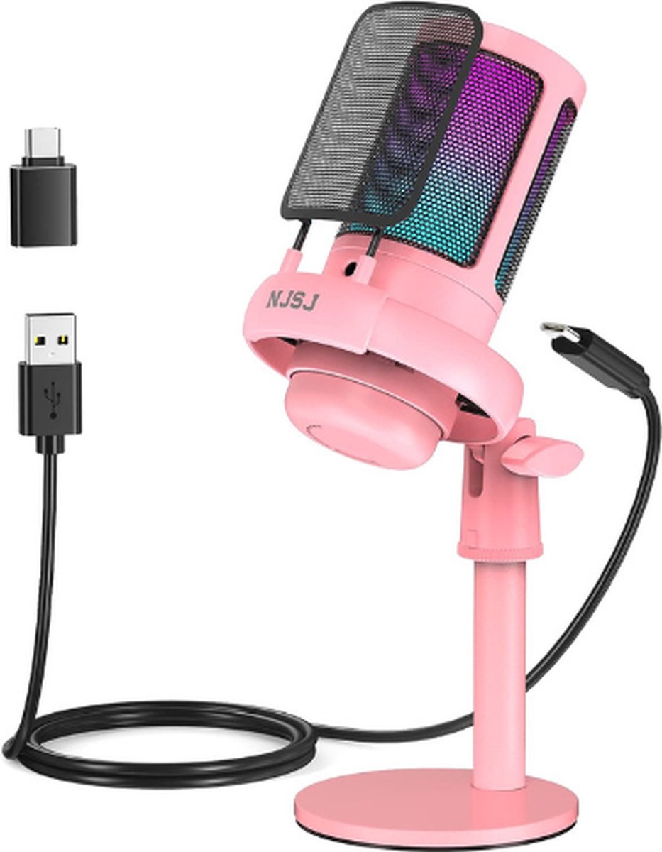 USB Microfoon - Roze - Condensator Microfoon Voor PC - Met Dempknop - Gaming Microfoon - Streamen - Podcast Microfoon