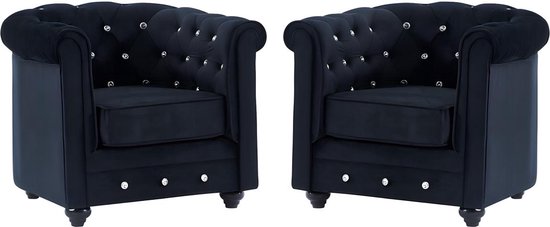 Set van 2 fauteuils CHESTERFIELD - fluweel - zwart met kristallen knopen L 85 cm x H 72 cm x D 78 cm