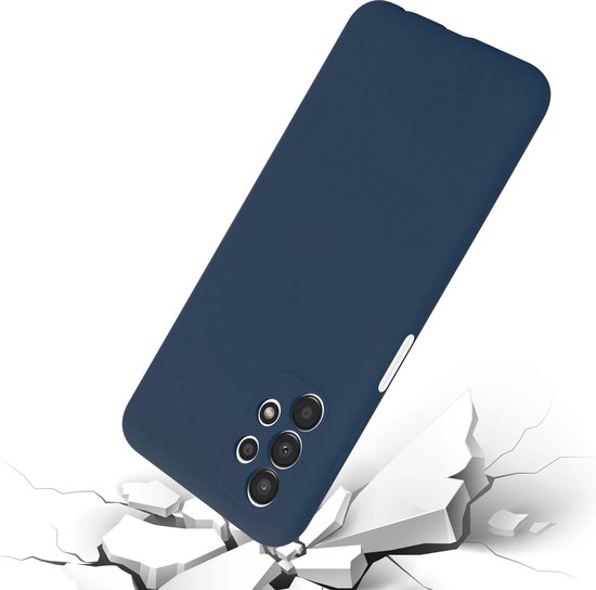 Donkerblauw siliconen telefoonhoesje met matte afwerking, getoond in een vallende pose.