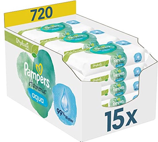 Pampers Harmonie Aqua Billendoekjes 100% plantaardige vezels 0% plastic - 15 Pakken - 720 Babydoekjes