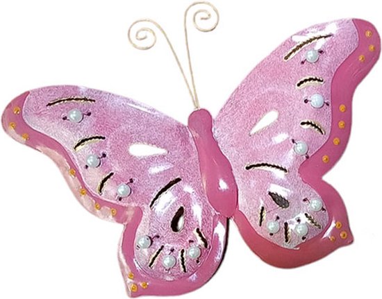 Floz Design metalen vlinder - vlinderdecoratie aan muur - binnen en buiten - 15 x 19 cm - roze - fairtrade muurdecoratie
