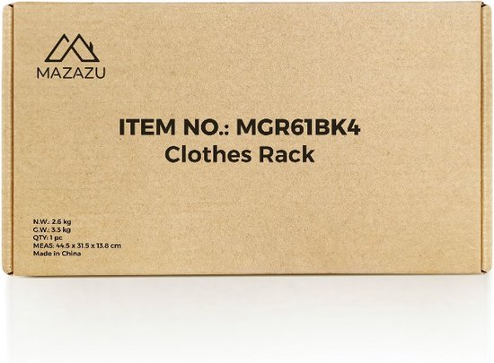 Zwarte doos met MAZAZU logo en productinformatie voor kledingrek.