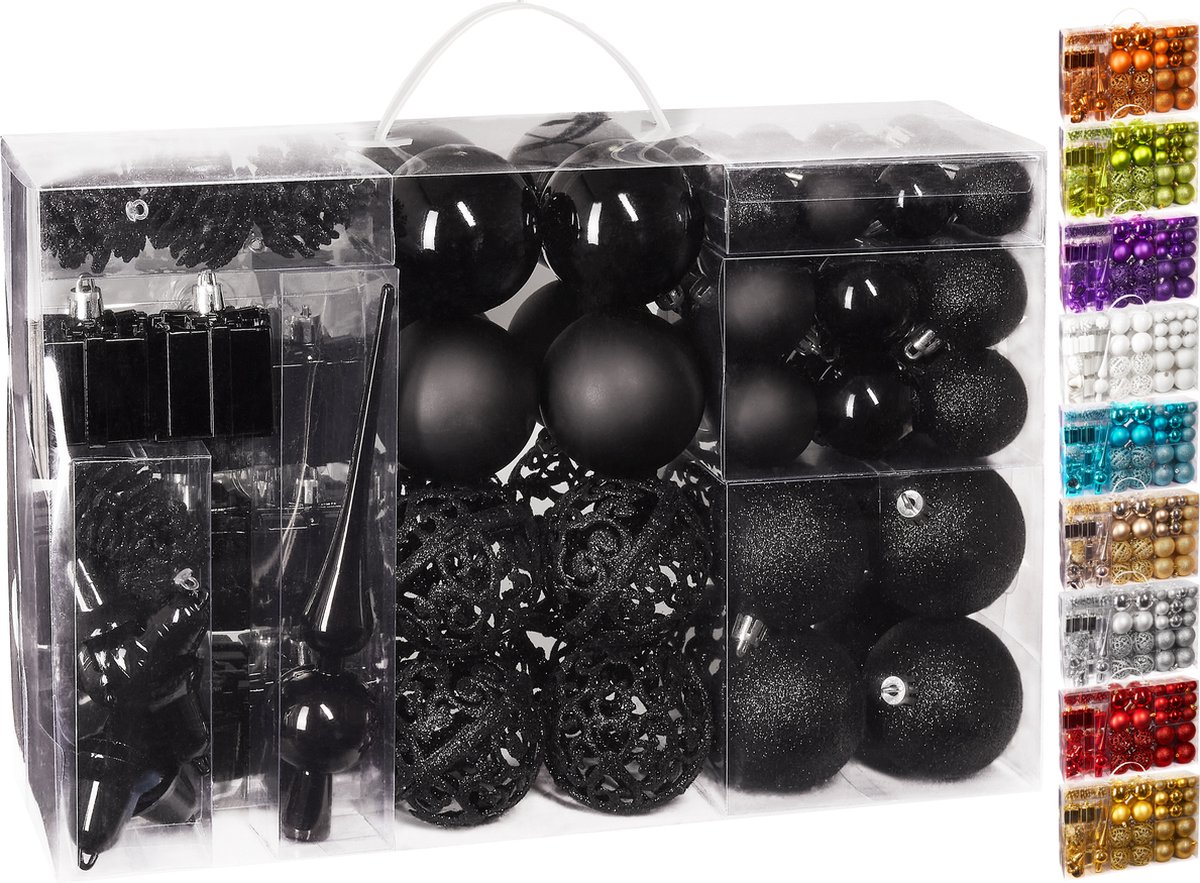 BRUBAKER Kerstballen - Set met Dennenappels, Kerstklokken, Geschenken, Kerstboompiek - Kerstboomversiering - 101 delen - Zwart
