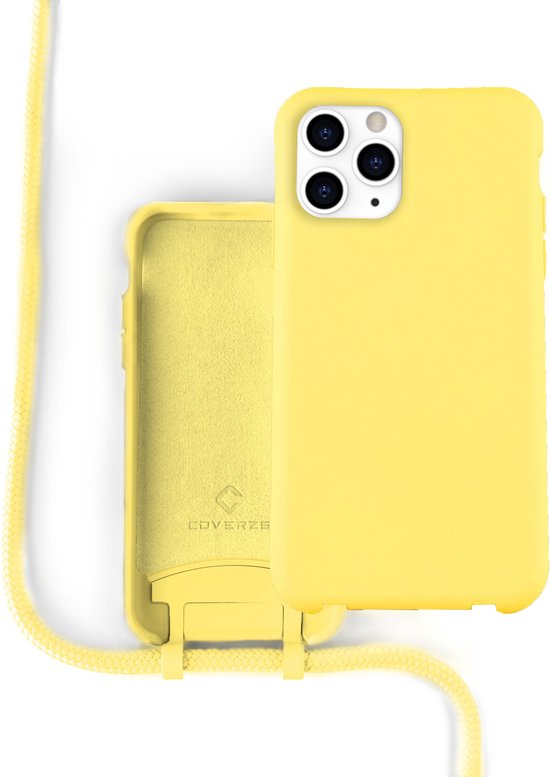Coverzs Silicone case met koord - Telefoonhoesje met koord - Backcover hoesje met koord - touwtje - geschikt voor Apple iPhone 11 Pro Max - Geel