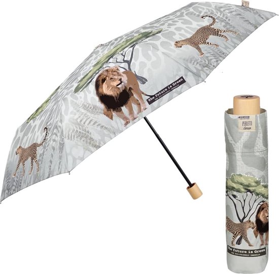 Duurzame Opvouwbare Paraplu voor Vrouwen - Vouwparaplu Organisch Natuurlijk Houten Handvat met Handmatige Opening - Compacte Lichtgewicht Windbestendige Reisparaplu (Leeuw)