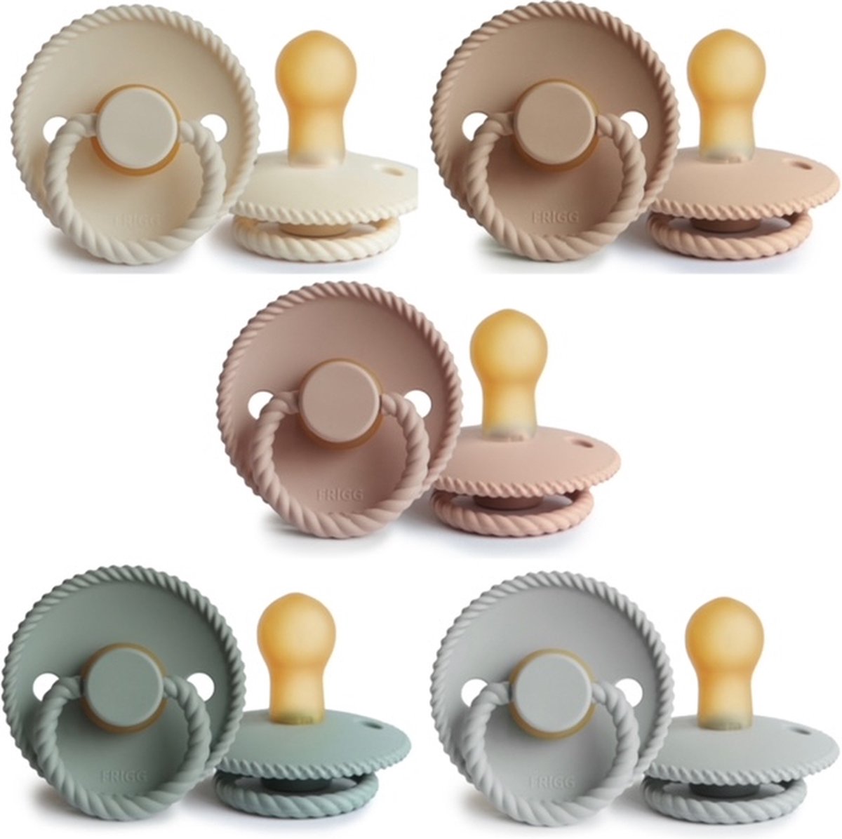Goedkoopste FRIGG ROPE Fopspeen set 5 stuks Cream,Blush,Croissant,Sage en Silver Gray 6-18 maand