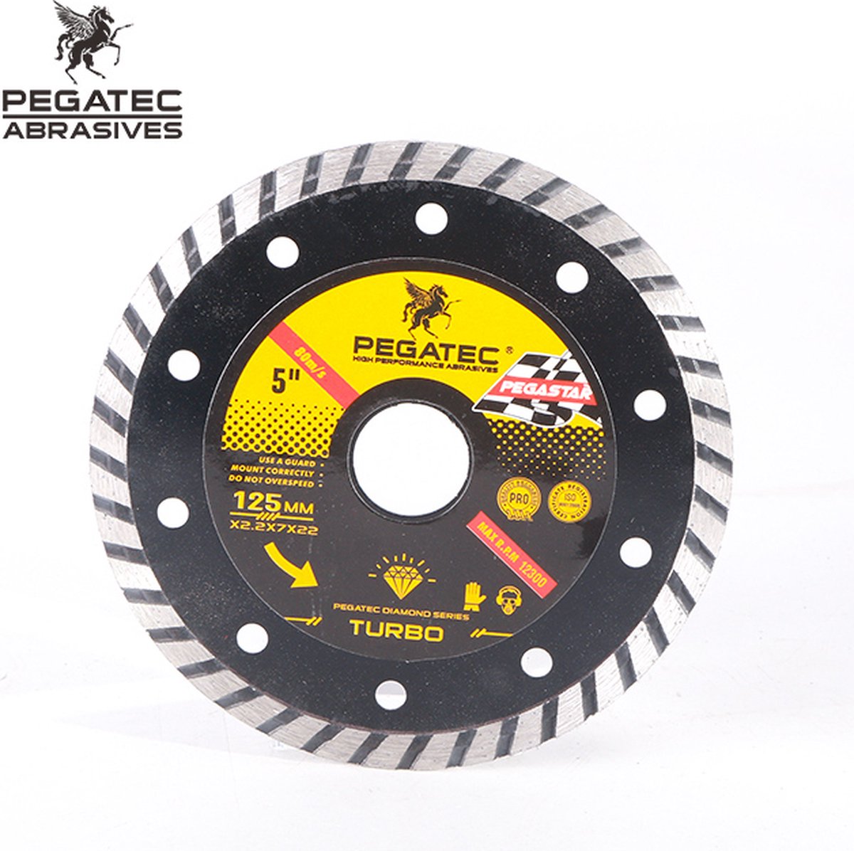 Pegatec High Performance - 3 Stuks - Diamantschijf Turbo - Droog/Nat – O.A. Geschikt voor verschillende Steensoorten, Beton, Bestrating, Dakpannen Etc. - 125mm - Asgat 22,2mm - Voor Haakse Slijper/Slijptol