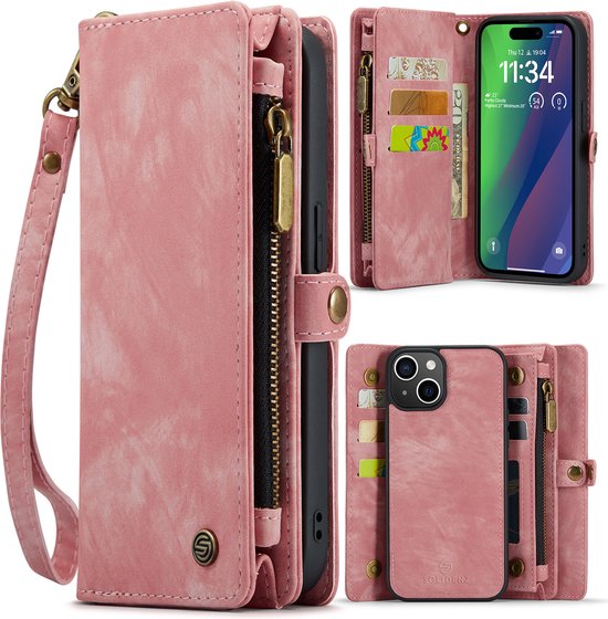 Geschikt Voor iPhone 14 Plus Hoesje - Solidenz Wallet Case 14 Plus - Telefoonhoesje 14 Plus - 14 Plus Case Met Pasjeshouder - Met Ritsvak - Met Polskoord - Portemonee Hoes - Roze