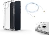 Protecteur lens d'appareil photo OneOne , étui et câble de chargement. Câble USB C vers Lightning blanc de 1 m, l'étui Shock Corner et le protecteur de caméra en verre sont entièrement transparents. Convient pour iPhone 14.