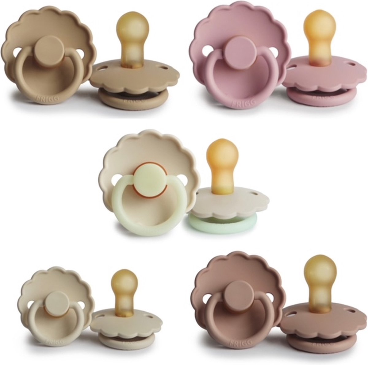 Goedkoopste FRIGG DAISY Fopspeen set 5 stuks Croissant,Baby Pink,Blush,Cream en Cream Night Glow 0-6 maand