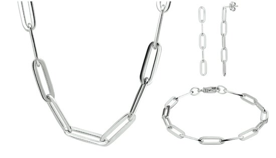 Schitterende Zilveren SET : Halsketting Armband en Oorbellen Paperclip 5 mm. | Cadeau | Geschenkset