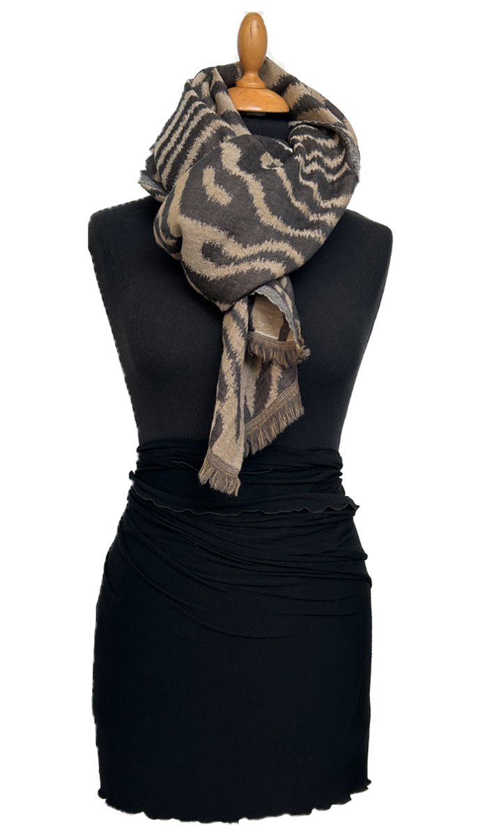HIGHFIELD GEWEVEN SHAWL DESSIN “ZEBRA” 75%KATOEN/25% WOL 70CM X 180CM ZAND/ANTRACITE