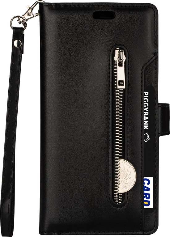 Coque iPhone 15 Plus - Bookcase - Cordon - Porte-cartes - Portefeuille - Fermeture éclair - Simili cuir - Zwart