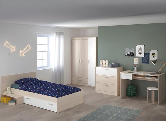 Kinderbed - 1 lade - 90 x 190 cm - Eikenkleur & wit + bedbodem + matras - IPLIA L 193 cm x H 66.6 cm x D 121 cm