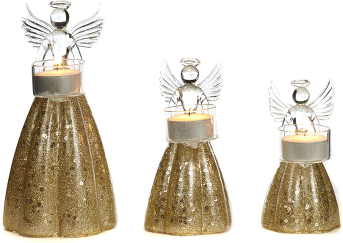 Goodwill Waxinelichthouder Engel Glas Goud Voordeelset van 3 Stuks