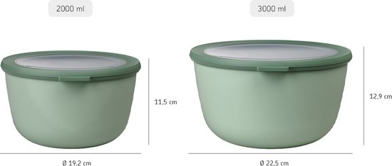 Deux bols verts Circula avec couvercles. À gauche le bol de 2000 ml, à droite le bol de 3000 ml, avec les dimensions indiquées.