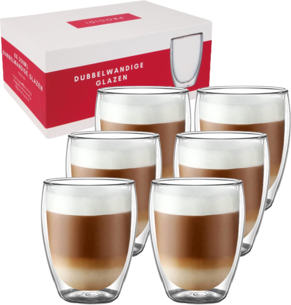 Procidi® Dubbelwandige Glazen - Theeglazen - 350 ml - 6 stuks - Latte Macchiato / Cappucino Glazen - Koffieglazen Dubbelwandig - Koffietassen - Vaatwasserbestendig