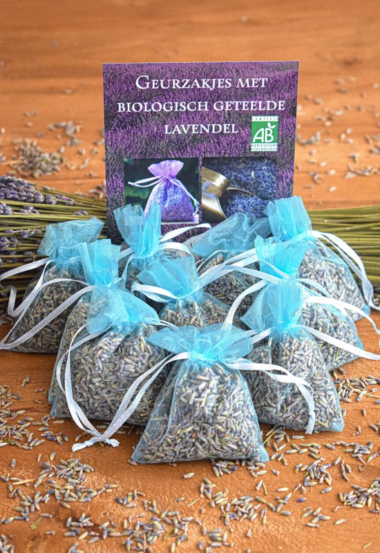 Bonheur de Provence - Geurzakjes lavendel - Biologische lavendel - 10 lichtblauwe organza zakjes - 6 gram per zakje