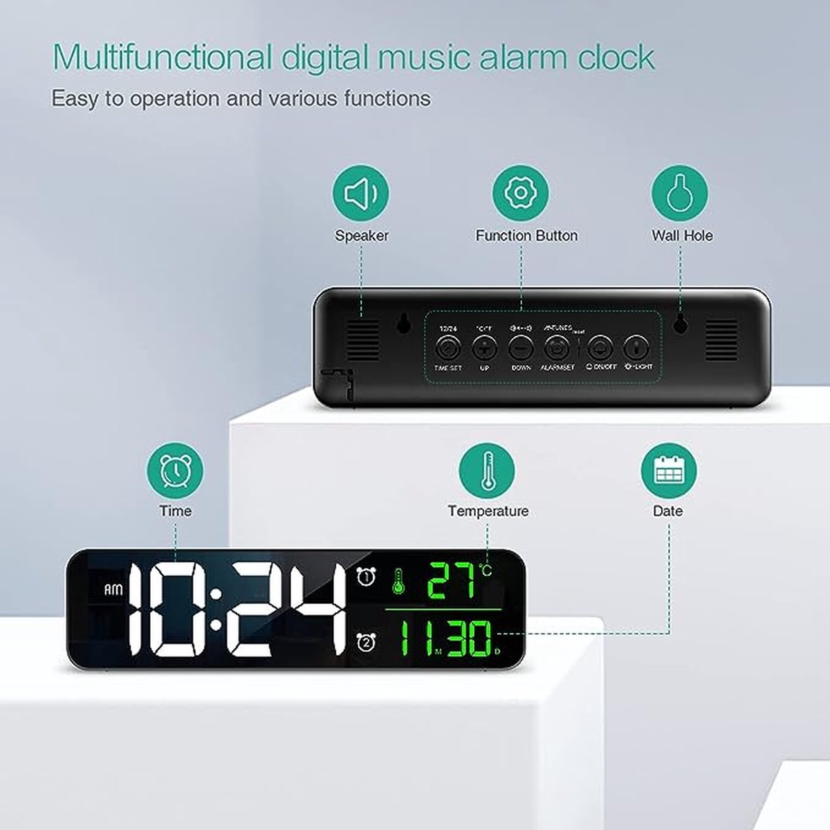 Horloge Murale Numérique LED Avec Alarme - Affichage Date, Semaine, Température - Commande Vocale, 5 Niveaux Luminosité - USB Ou Piles - 6