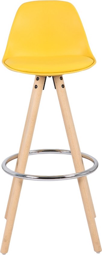 Hoge Barkruk Valeria - Zithoogte 75cm - Geel - Set van 1 - Keuken - Barstoelen - Met rugleuning - Kunstleer - Bruin frame
