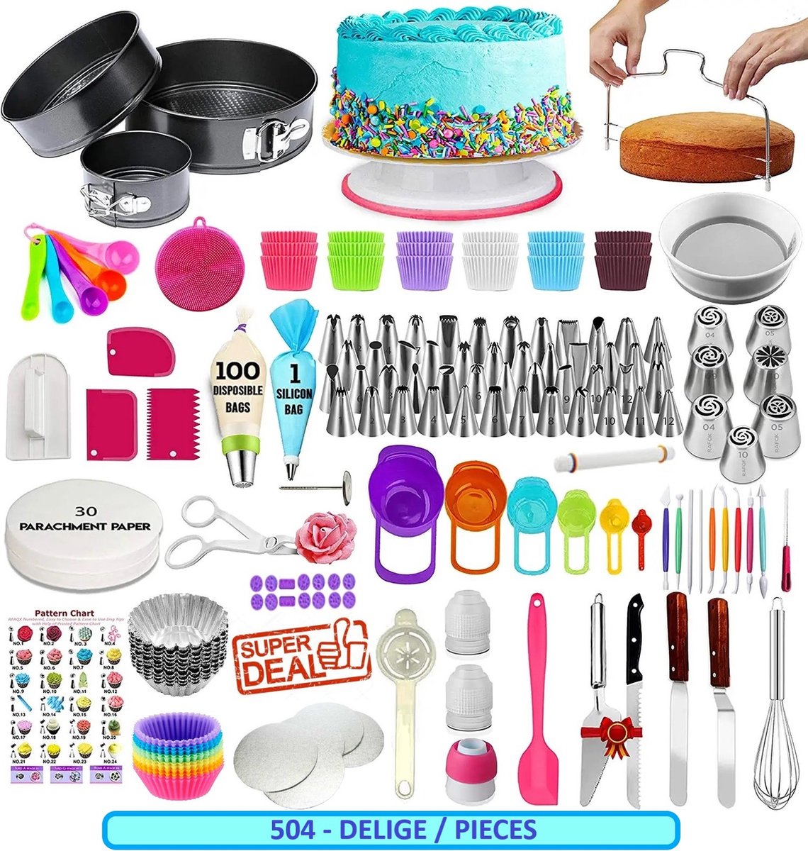 LivingHub 504 Delige Taart en Cake Decoratie Set - Taart Bakken Accessoires Set – Taartversiering - Draaiplateau - RVS Spuitmondjes