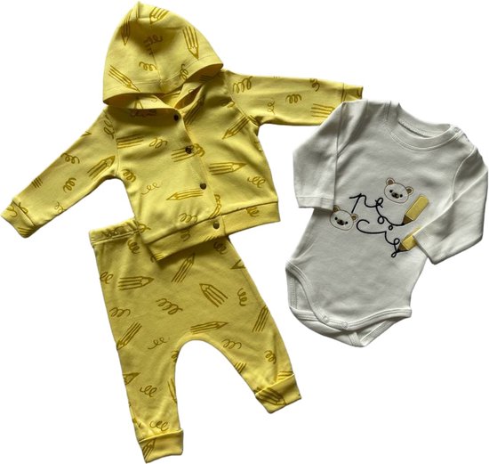 Baby Jongens 3 pce Kledingset - babykleertje - babykleding - Maat: 62 - Bear - Potlood - Geel