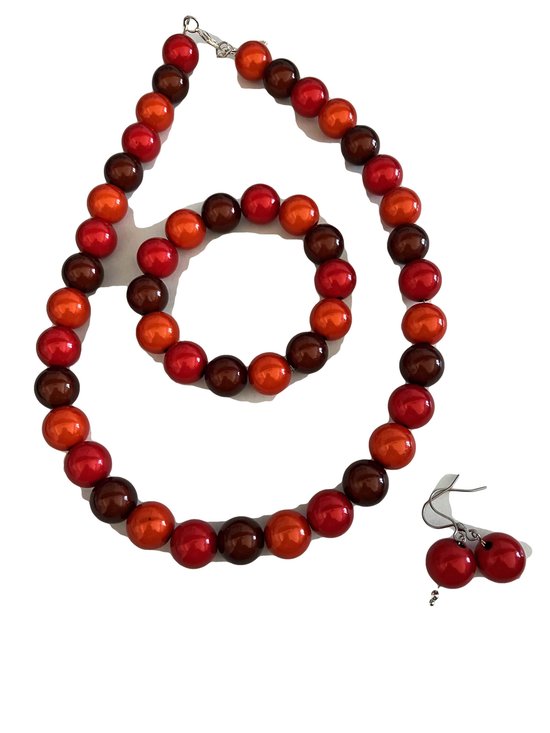 Petra's Sieradenwereld - Sieradenset 3D rood/bruin (ketting, oorbellen en bijpassende armband) (913)