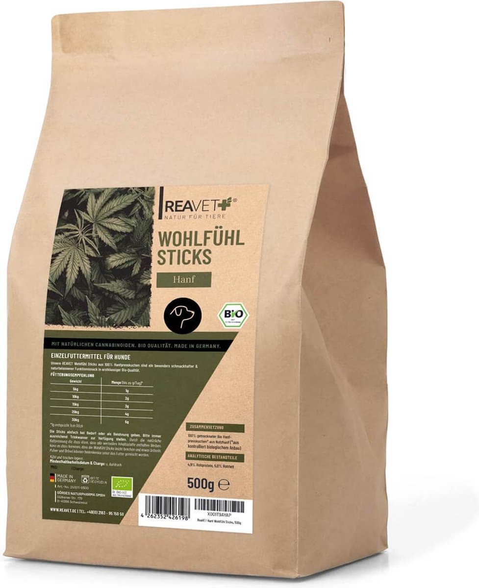 ReaVET - Hennep "Feel Good" sticks voor Honden - Met natuurlijke cannabinoïden - Geen granen & gluten, kunstmatige smaakstoffen, kleurstoffen en vulstoffen - 500g