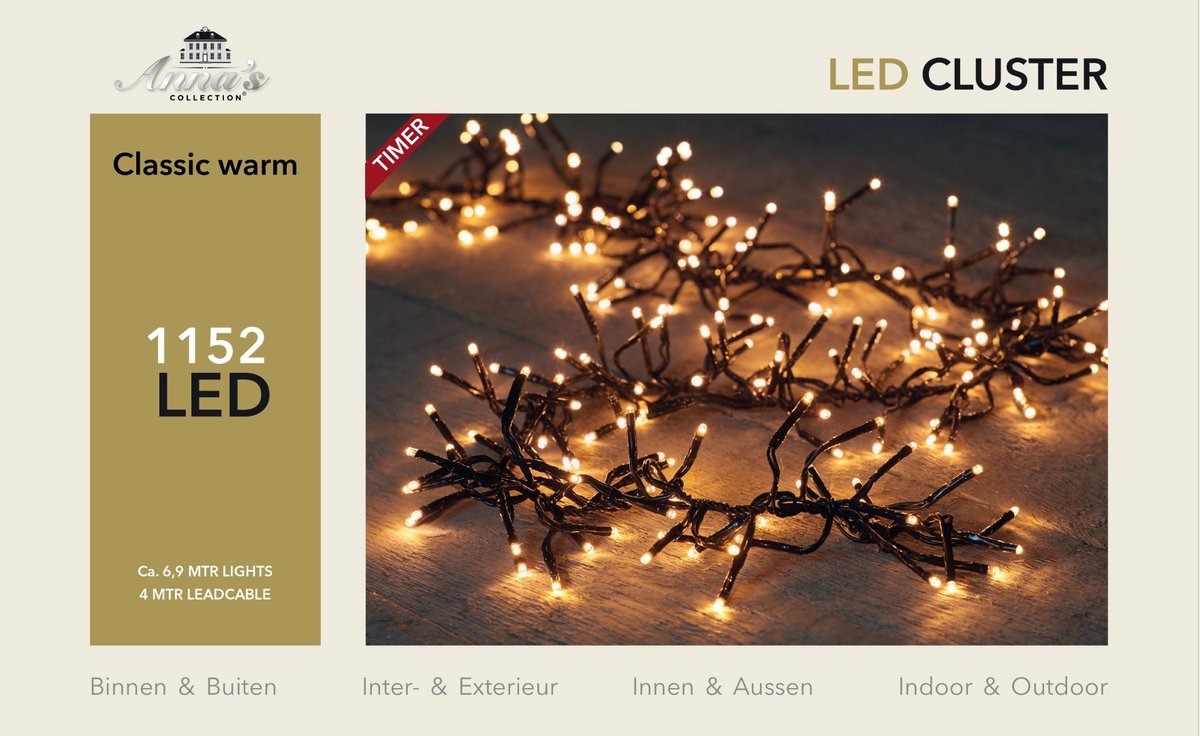 CBD LED CLASSIC CLUSTER LIGHTS 1152L/6,9M - 4M AANLOOPSNOER ZWART - BI-BUI TRAFO TIMER 8/16U