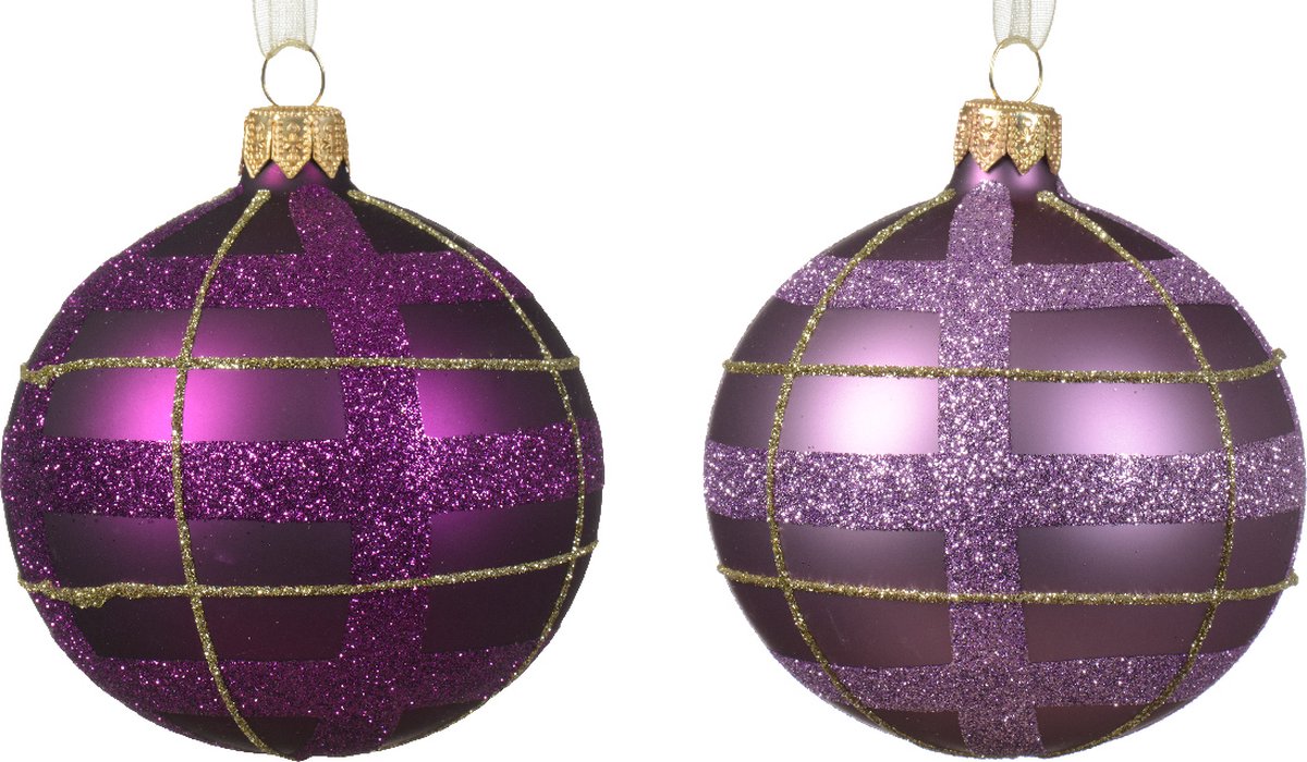 Kerstbal van glas met een diameter van 8 cm, in rood en groen, zonder merklogo.
