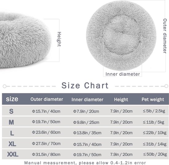 Lit pour chat, laineux, rond, peluche, beignet, coussin douillet pour chien - lit pour chien, lavable, S/M/L/XL/ XXL pour petits, moyens et grands chiens, chats et autres animaux de compagnie (L 60 cm, gris clair )