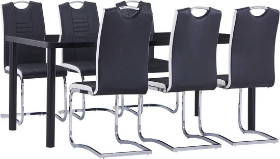The Living Store Eettafelset - Zwart - Gehard glas en metaal - 180 x 90 x 75 cm - Inclusief 6 stoelen