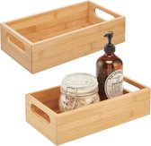 Set van 2 opbergdozen met handgrepen, praktische houten box voor het opbergen van cosmetica en verzorgingsproducten, open plank van bamboehout voor de badkamer, natuurlijke kleuren