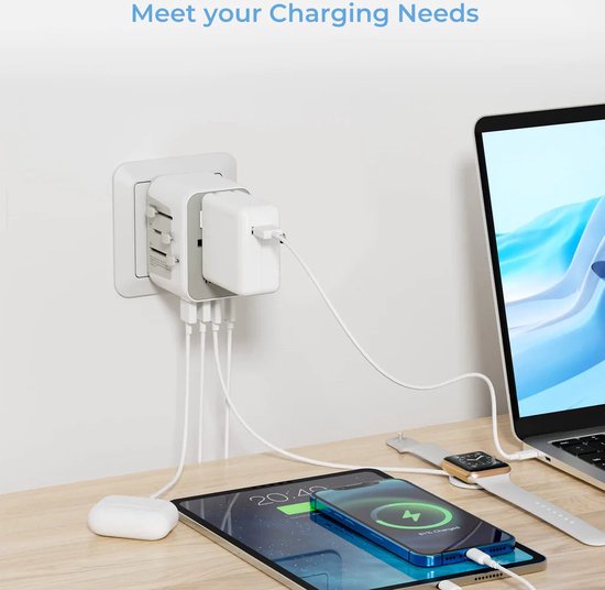 Universele reisstekker met USB lader, 70 W, wit